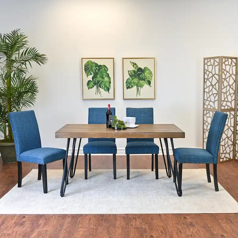 Roundhill Furniture Amisos 6-Piece Dining Set, Hairpin Dining Table with 4 Chairs and Upholstery Bench