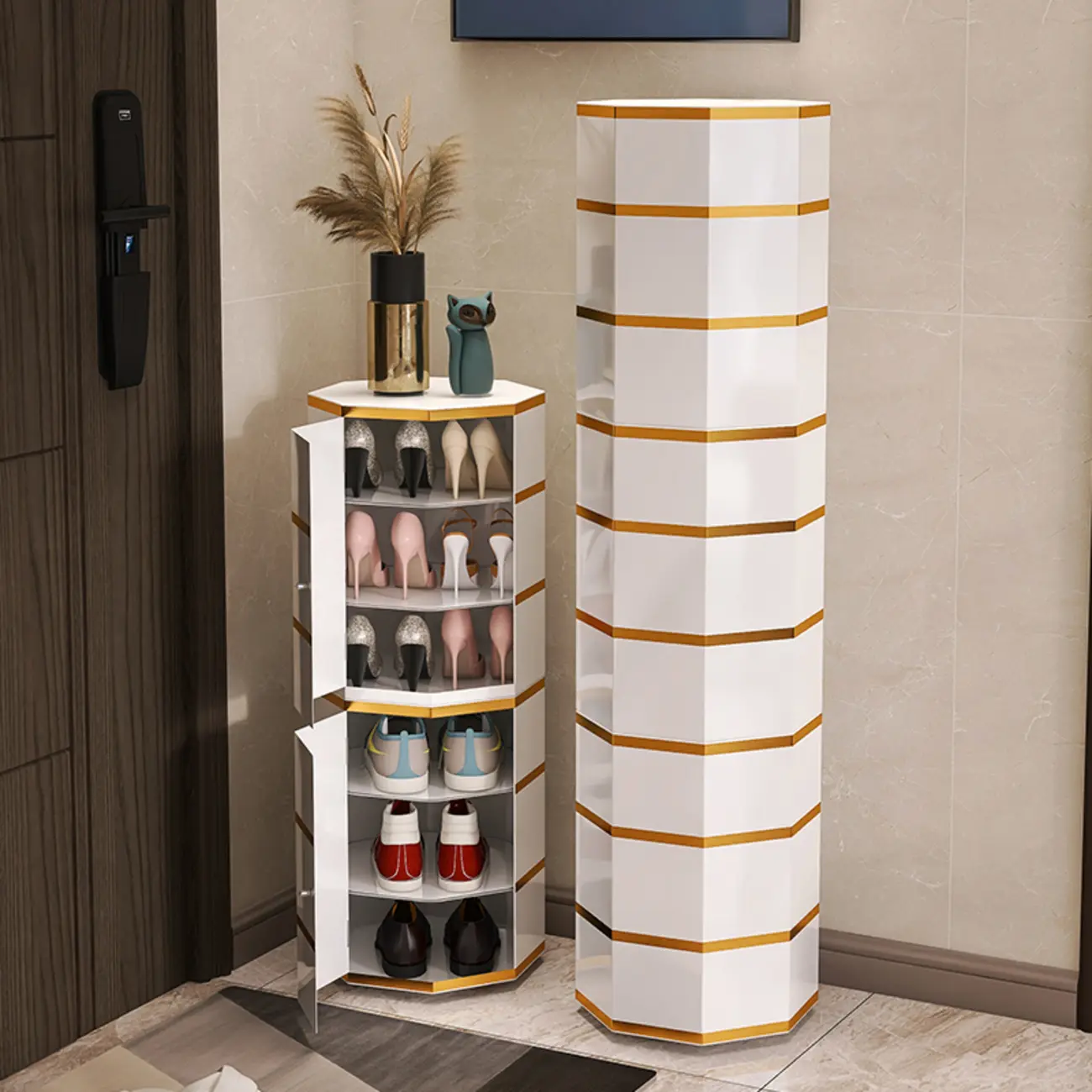 Rotating Glam White Metal Hexagon Entryway Shoe Cabinet