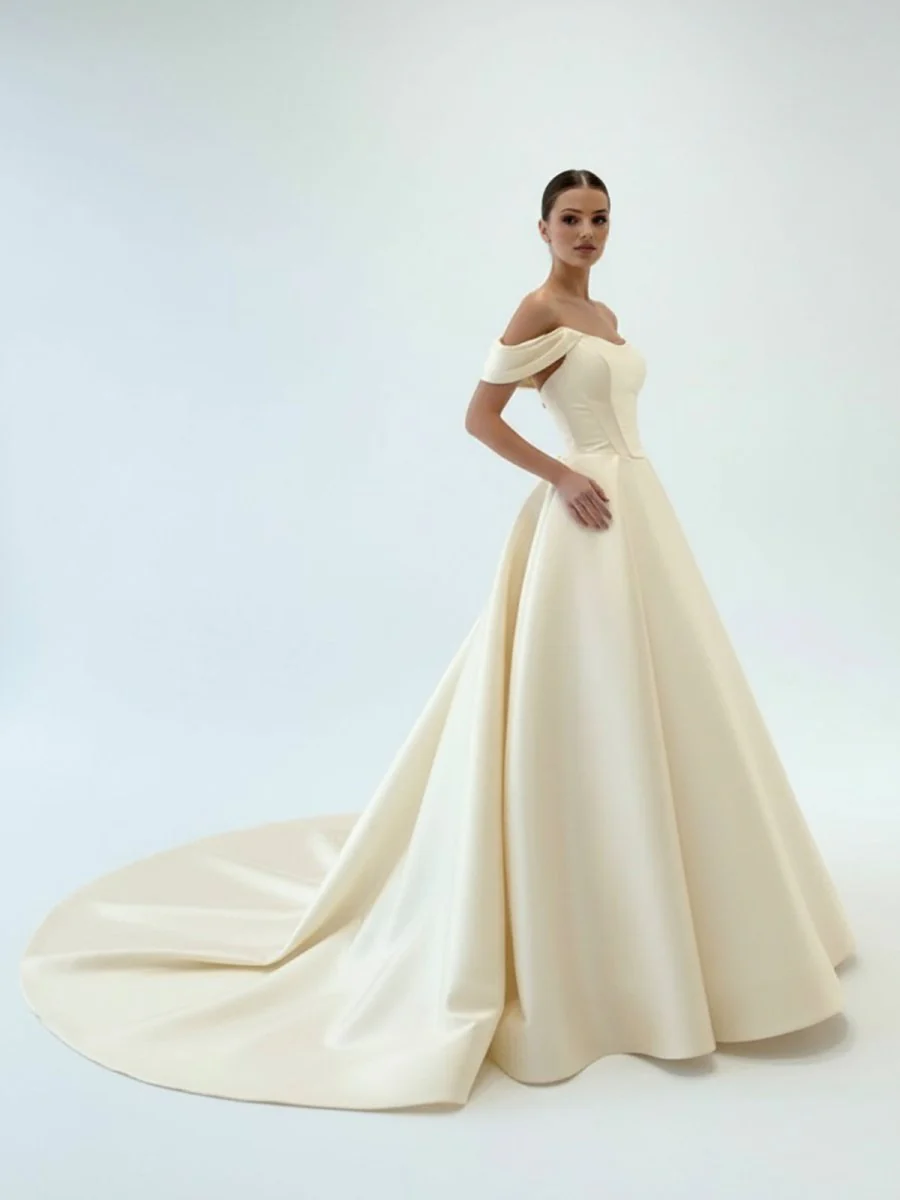 Elegant A-Line Off the Shoulder White Satin Wedding Dresses