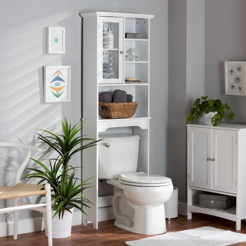 White Finished Wood Over the Toilet Bathroom Storage Cabinet