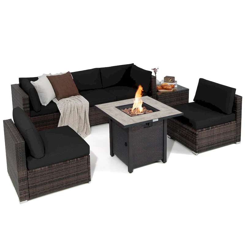 Costway 7PCS Patio Rattan Furniture Set 30 Fire Pit Table Cover - See Details