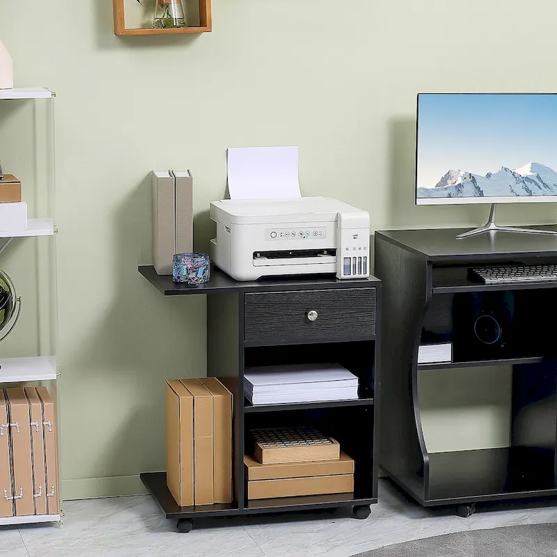 Black Rolling Printer Stand with Adjustable Shelf, 1-Person Use