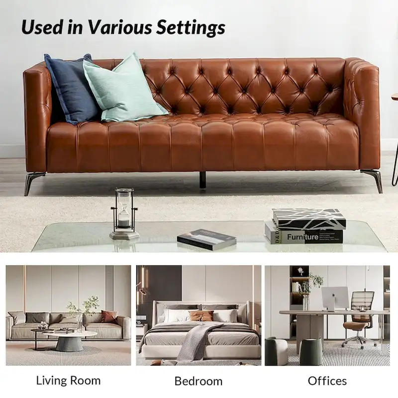 Transitional Genuine Leather Sofa with Metal Legs and Tufted Back