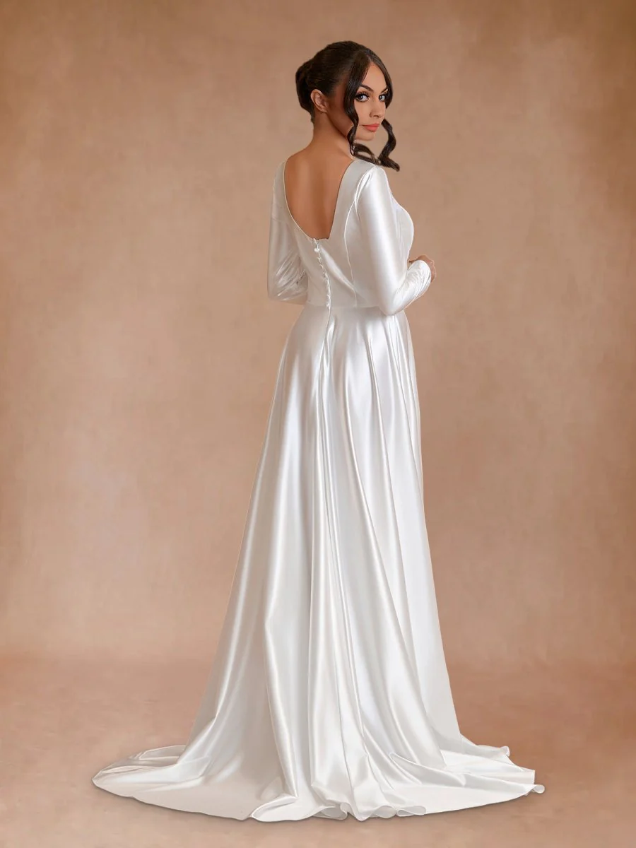 Vintage Satin A-Line Bateau Neckline Long Sleeves Bridal Gown Wedding Dresses