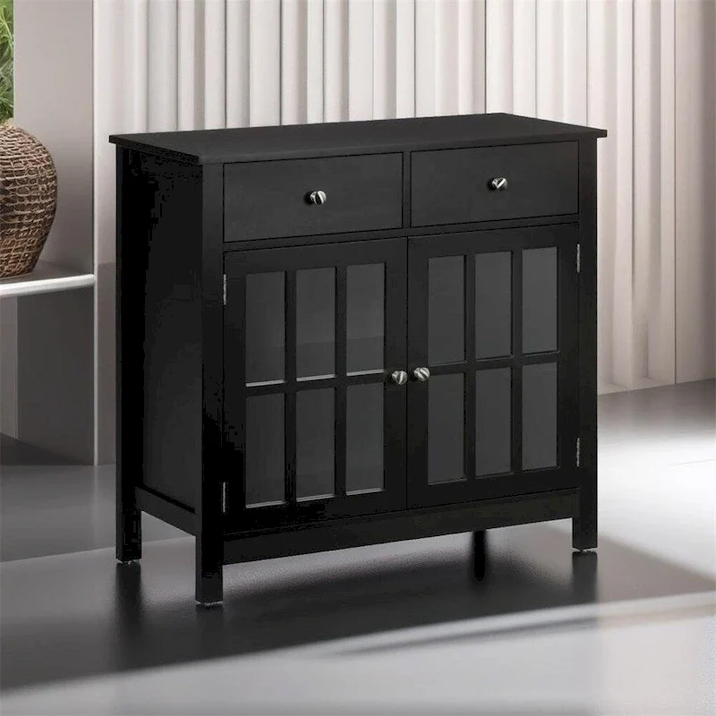 Glass Doors Buffet Cabinet with Adjustable Shelf and 2 Drawers - N/A