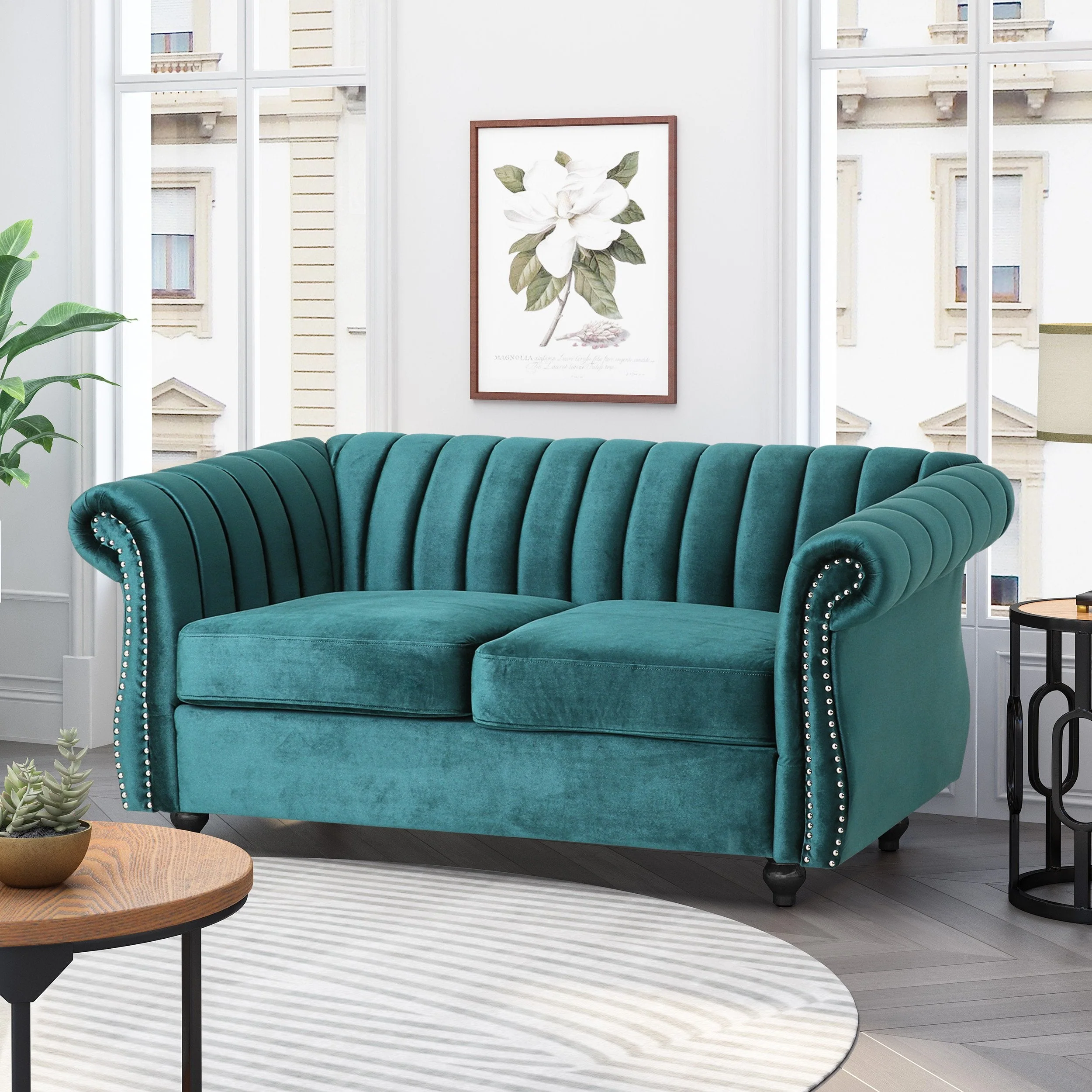 Modern Glam Channel Stitch Loveseat with Nailhead Trim - NH575413
