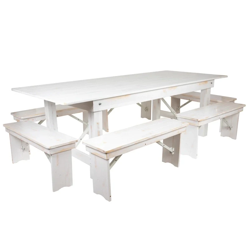 Solid Pine Folding Farm Table Set with 6 Benches