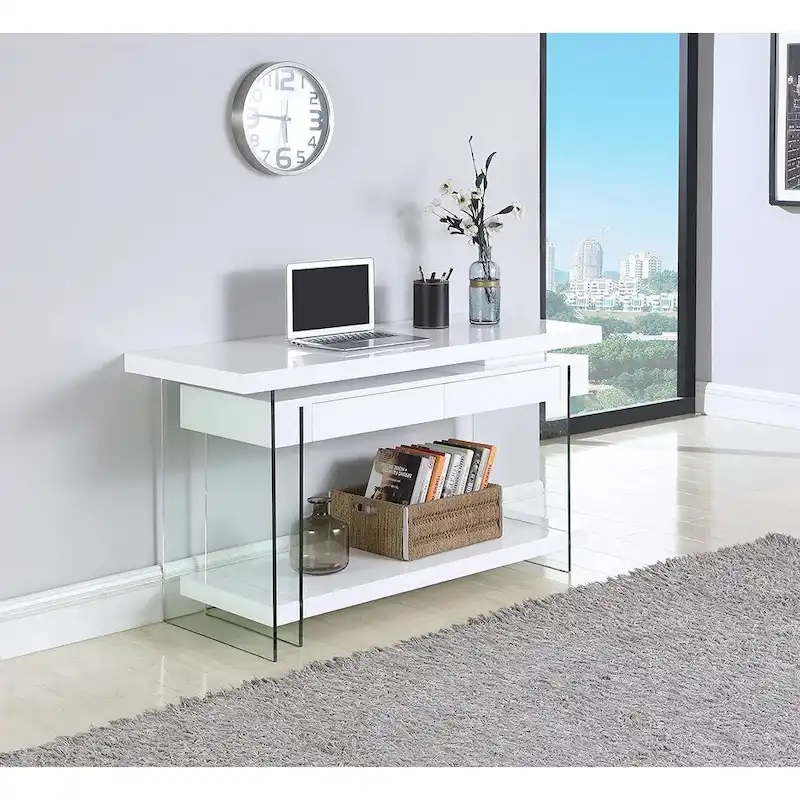 Rotating L-Shape Home Office Desk, Tempered Glass Panels, 2 Drawers, 1 Shelf, 360° Rotation, Modern Style, White, 1 Person