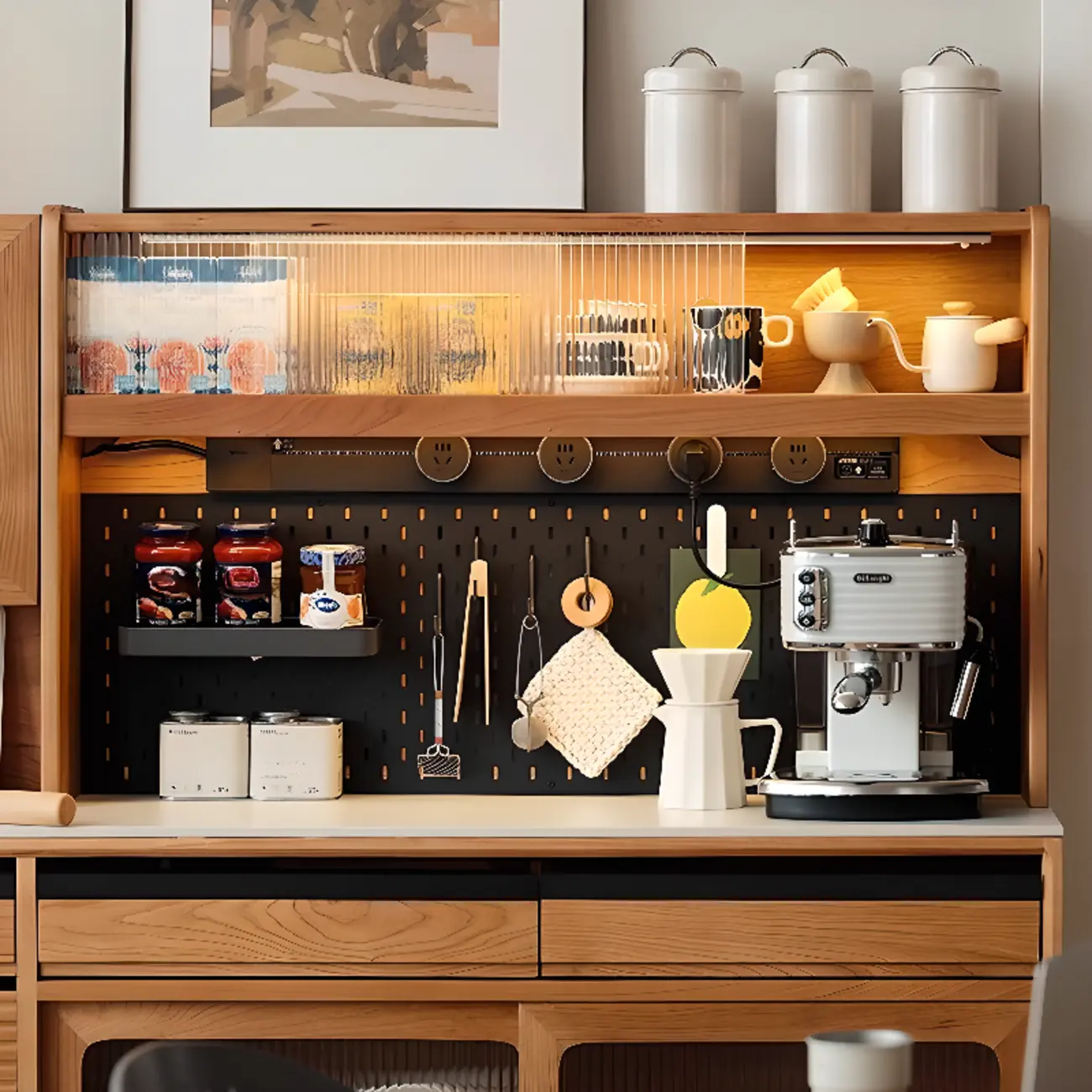 Modern Wood Sideboard with Cabinets and Stone Top