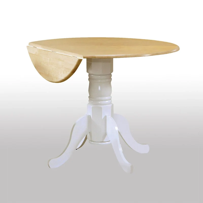 Round Pedestal Drop Leaf Dining Table, Natural Brown and White