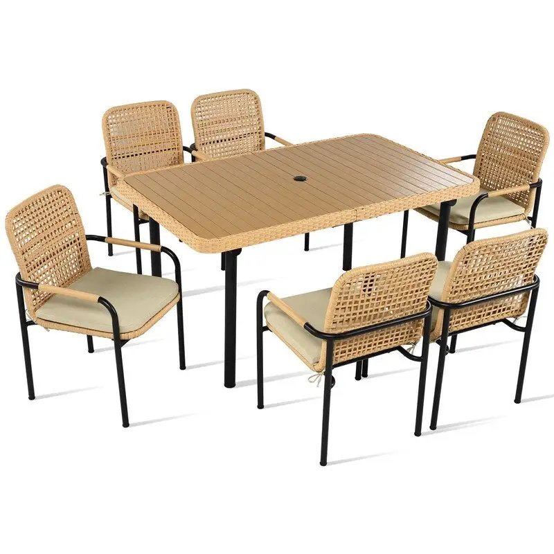 7-Piece Outdoor Dining Set  All-Weather Wicker Furniture with Synthetic Wood Table & Umbrella Hole .