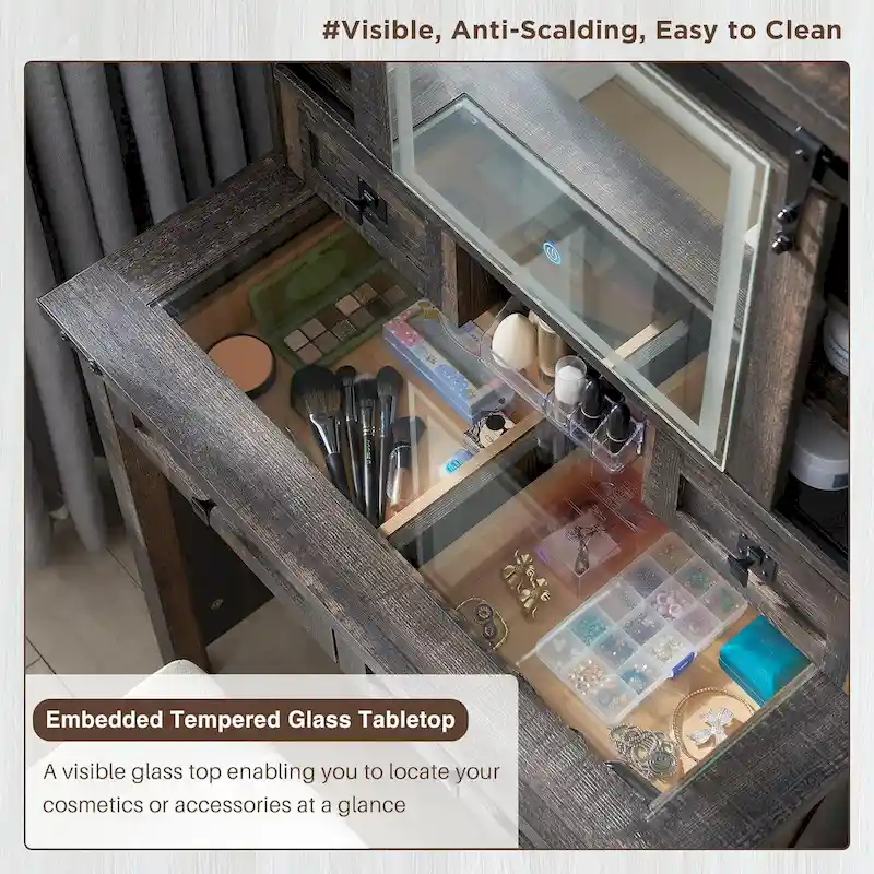 Farmhouse Makeup Vanity Desk, Vanity Dressing Table, Stool Included