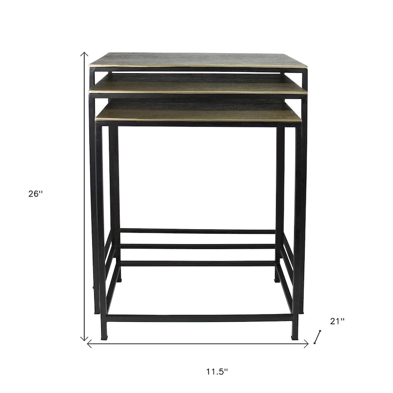 HomeRoots Set of Three Brass and Black Aluminum and Iron Frame Nested Tables - 11.5' X '26' X '21