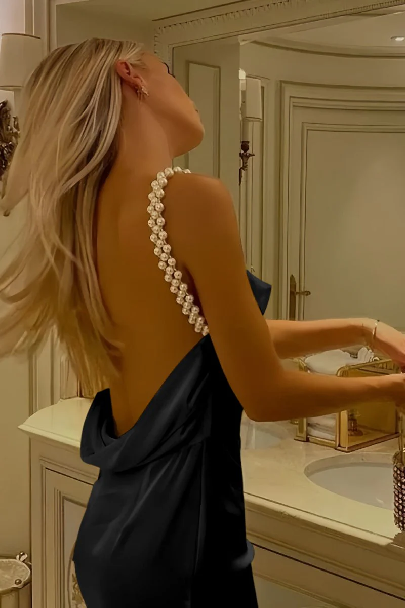 Yellow Sheath Spaghetti Straps Satin Long Prom Dresses With Pearls