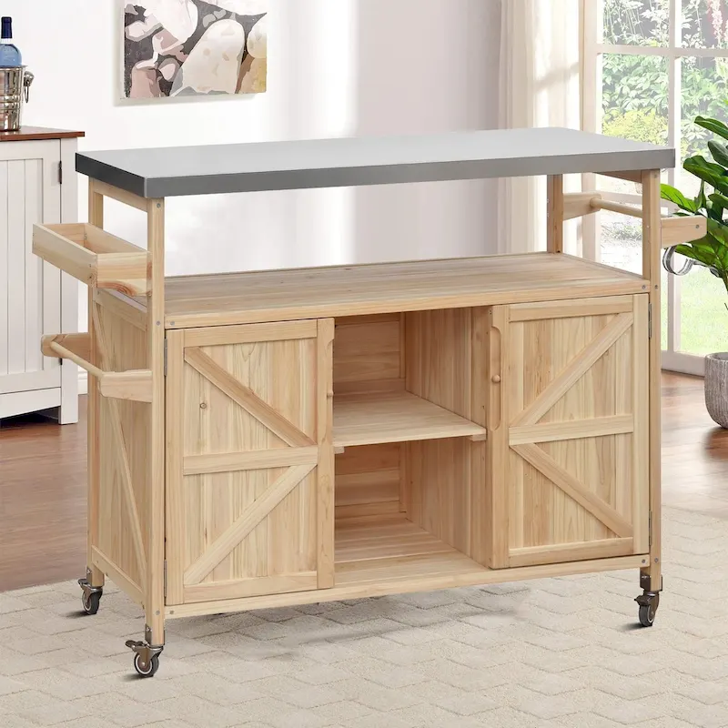 Vintage Stylish Wooden Kitchen Island with Stainless Steel Top, Indoor/Outdoor Use