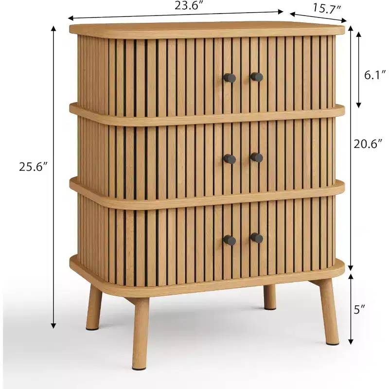 Garvee 3 Drawer Dresser, Mid-Century Modern Wicker Chest for Bedroom, Nightstand with Matte Black Handles and Wooden Legs, Spacious Storage
