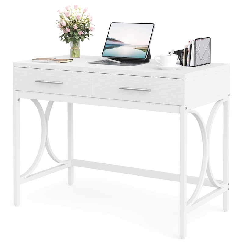 Modern Computer Writing Desk with 2 Drawers, White and Gold Home Office Desk, Makeup Vanity Table