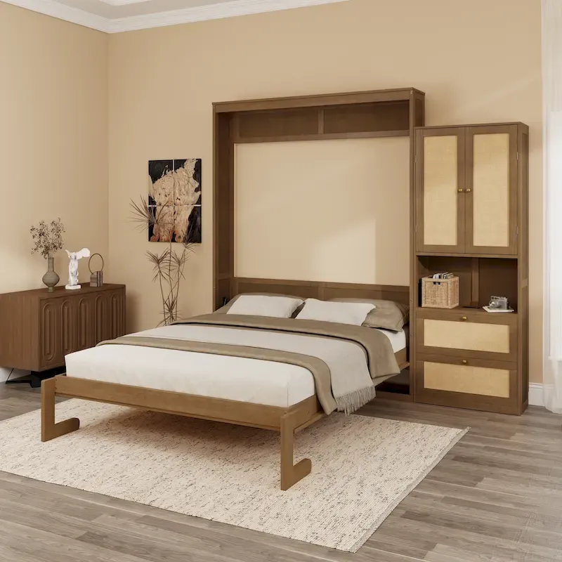 Solid Wood with Rattan Murphy Bed with Side Cabinet Storage Shelf