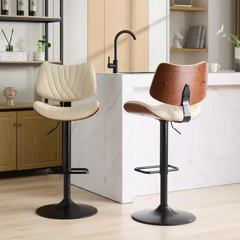 CLIHOME Set of 2 Walnut Bentwood Bar Stools, Modern Adjustable Counter Height Leather Upholstered Swivel Bar Chairs