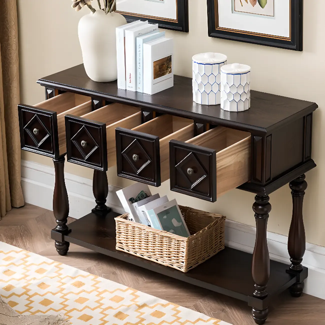 Classic Rectangular Wood Black Console Table with Storage