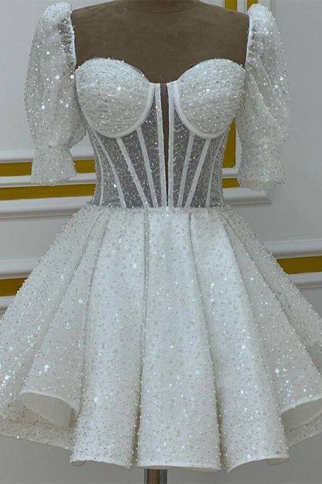 Sweetheart White Sequin Short Homecoming Dress With Puff Sleeves