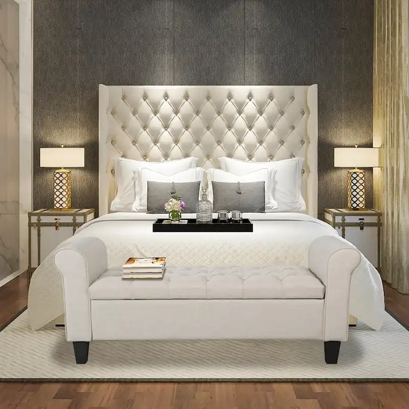 Grey / Dark Grey / Beige Fabric Button-Tufted Storage Bench with Rolled Armrests, Single Seat