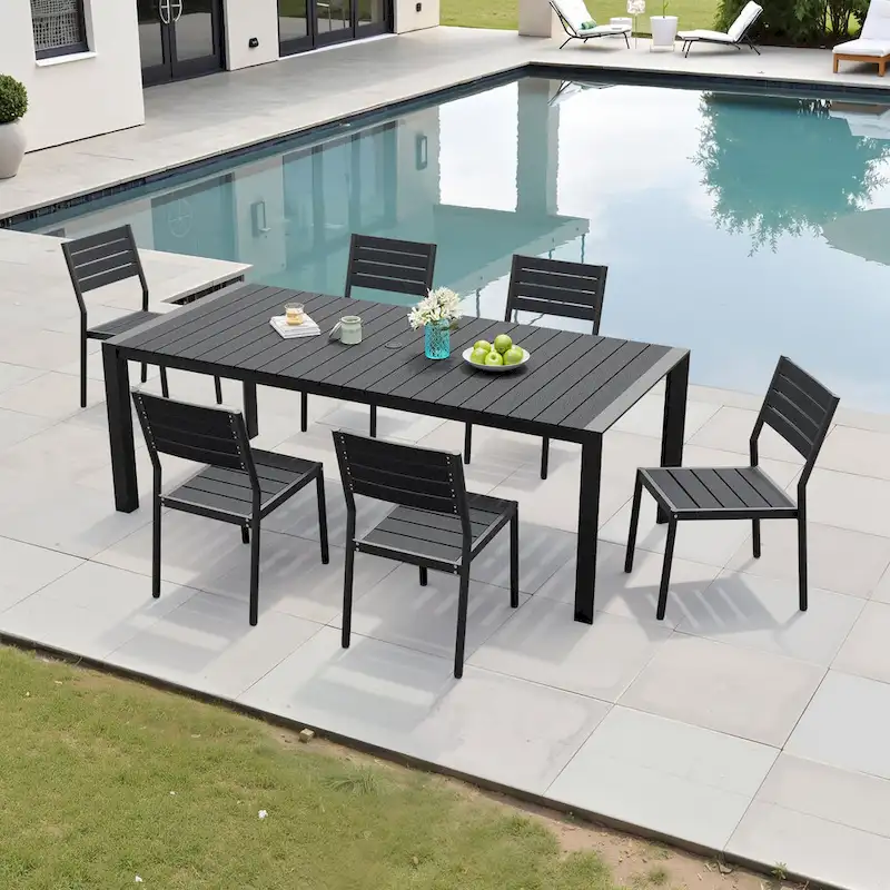 Outdoor 7-Piece Patio Dining Set Stackable Chairs and Dining Table with Umbrella Hole