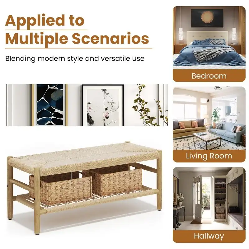 Boho Farmhouse Solid Wood Entryway Shoe Bench with Hand Woven Rope Design and Two Baskets, Natural End To Bed Bench