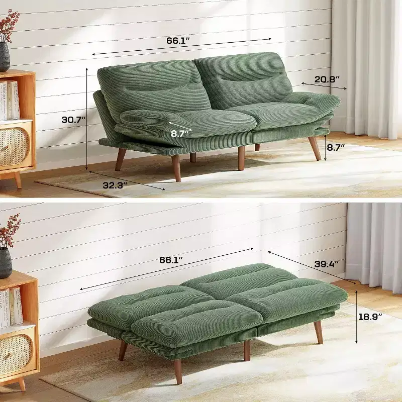 66.1 In Corduroy Loveseat with Adjustable Backrest Armrests, Thickened Seat Cushion, Small Space Sleeper Couch for Apartment, Study Room Office