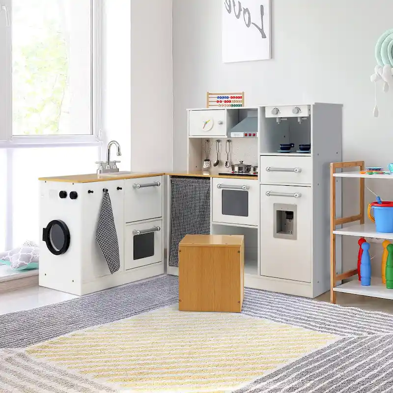 2-Piece White & Natural Kids Play Kitchen & Washer Set, Ages 3+