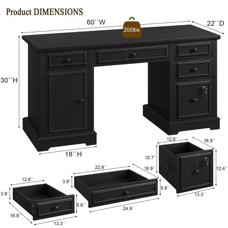 Dyonery Wood Home Office Desk with Charging Station 60 Farmhouse Executive Desk with Drawer/File Drawer/Storage Cabinet,Rustic Computer Writing Desk