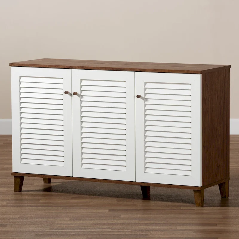 Walnut & White 3-Door Shoe Cabinet, 8 Shelves for 16 Pairs