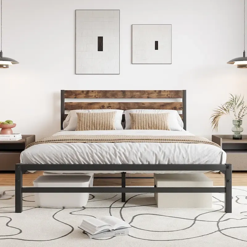 Queen Size Platform Bed Frame with Rustic Vintage Wood Headboard, Strong Metal Slats Support Mattress Foundation