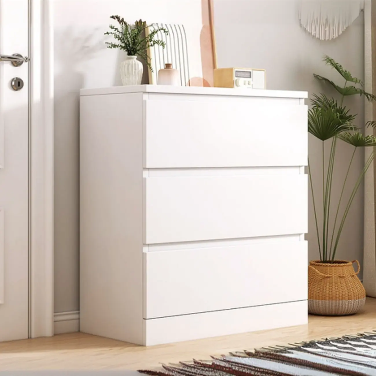 Free-Standing White Storage Cabinet with Drawers for Bedroom