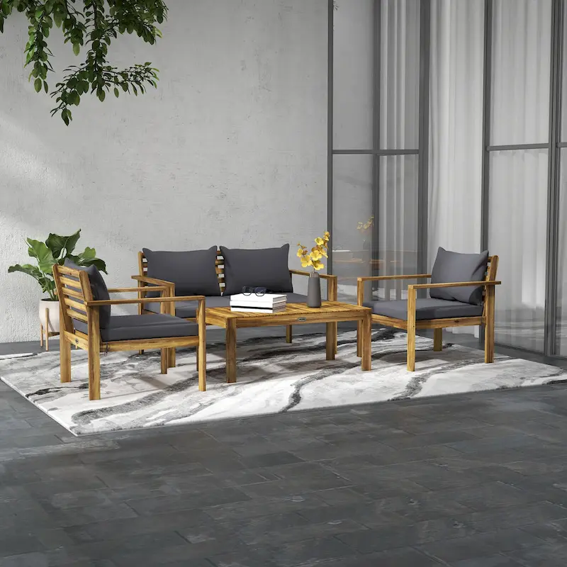 Outsunny 4 Piece Patio Furniture Set, Acacia Wood Outdoor Furniture with Cushions, Table, Backyard Lawn Porch Sofa, Natural Wood