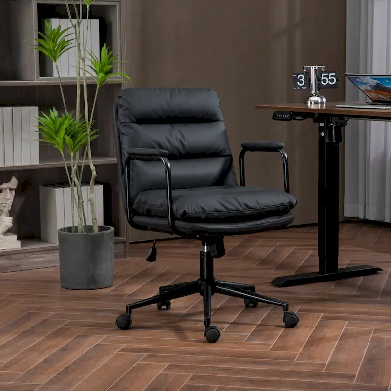 Black / Brown Mid-Back PU Leather Swivel Office Chair with Arms, Wheels & Reclining Back – 1-Person