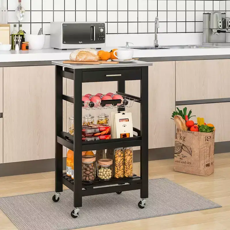 Costway Compact Kitchen Island Cart Rolling Service Trolley with Stainless Steel Top Basket Black/Grey/White