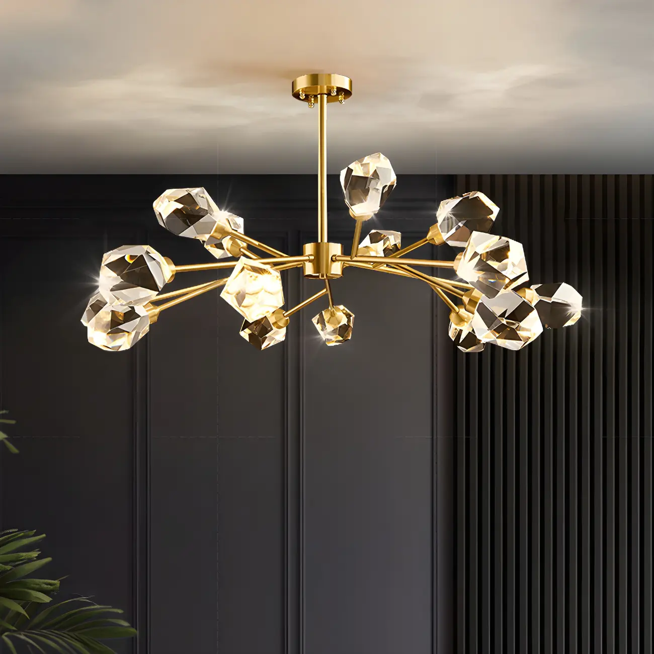 Modern Crystal Brass Sputnik Chandeliers in Black-Gold