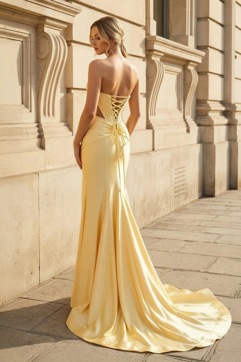 Yellow Strapless Mermaid Satin Beaded Long Prom Dresses With Slit