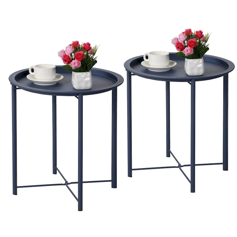 Folding Round TV Tray Tables, Small Round Steel Side Table, No Assembly Required - 18.5 x 18.5 x 19.7 in
