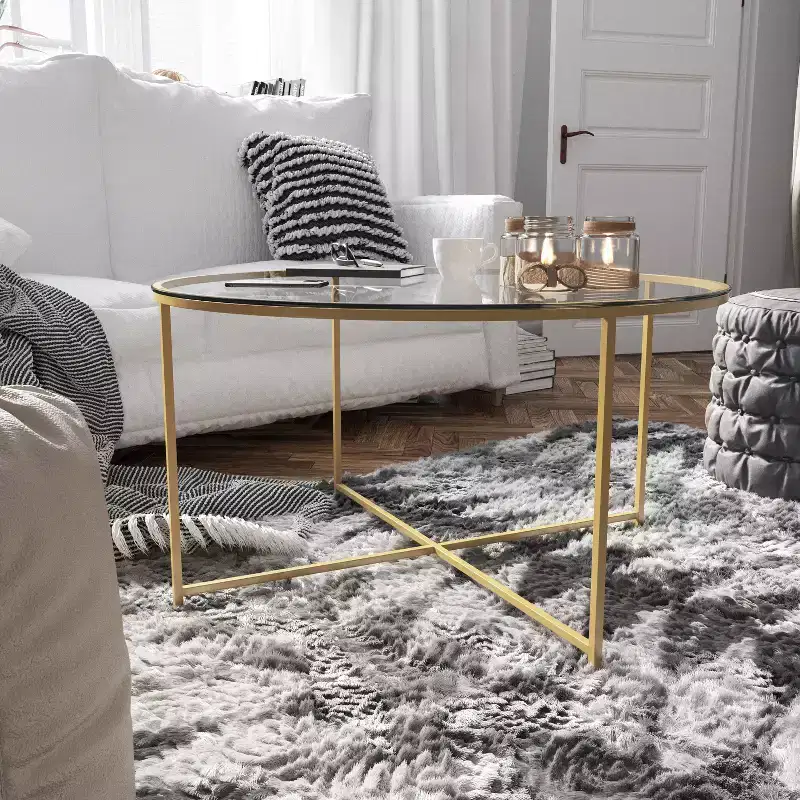 Emma and Oliver Glass Living Room Coffee Table with Crisscross Metal Frame