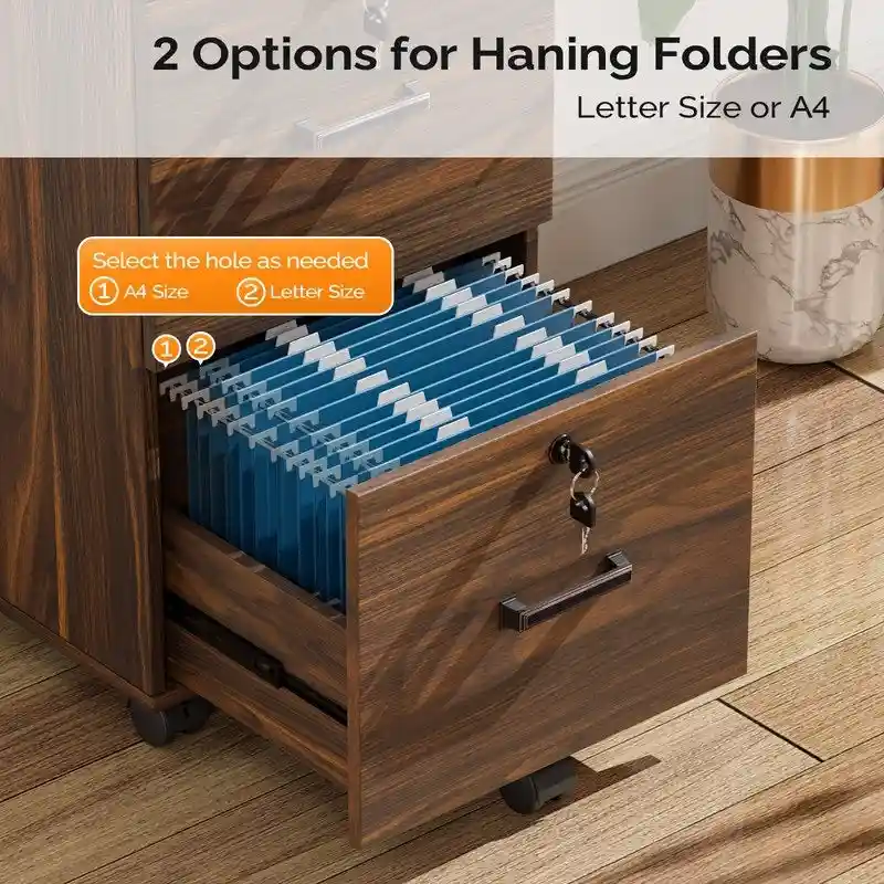 2-Drawer Rolling Wood File Cabinet with Lock