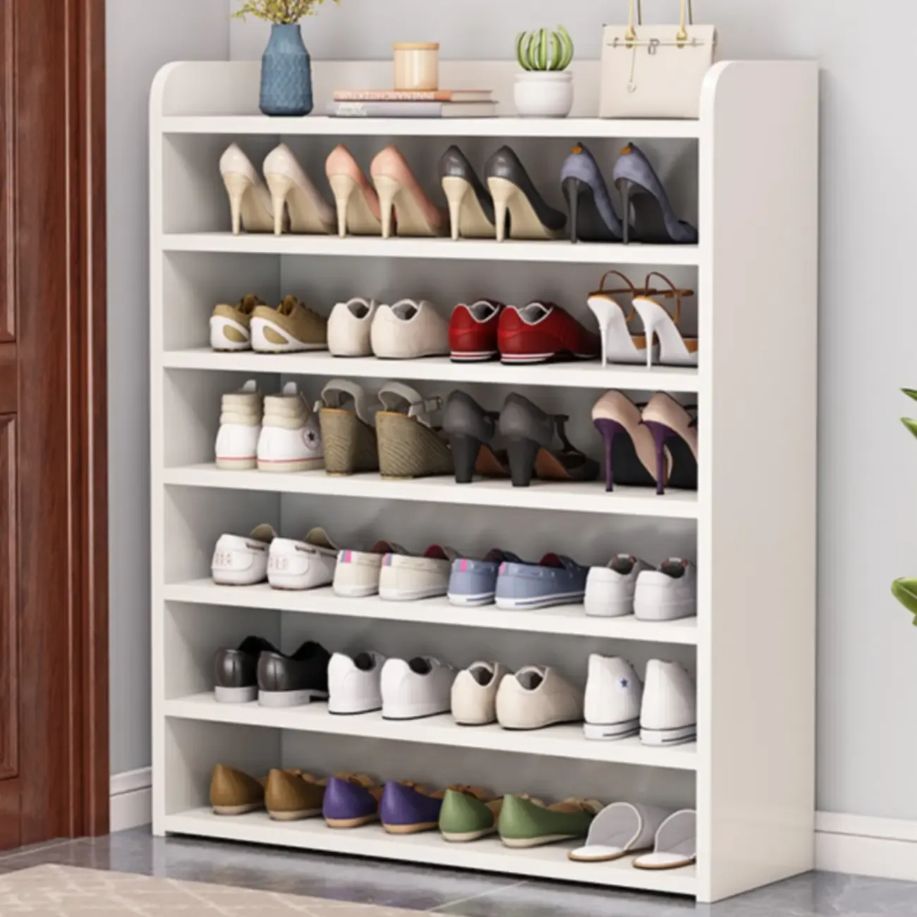 Vertical White Wooden Hallway 6-Tier Open Shoe Rack