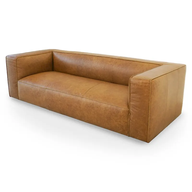 Empire Mid Century Modern Living Room Top Leather Couch in Tan