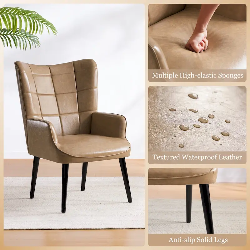 High-Back Tufted Accent Chair | Faux Leather Wingback | Solid Wood Frame | Ergonomic Armrests | 300 lbs Capacity | 37