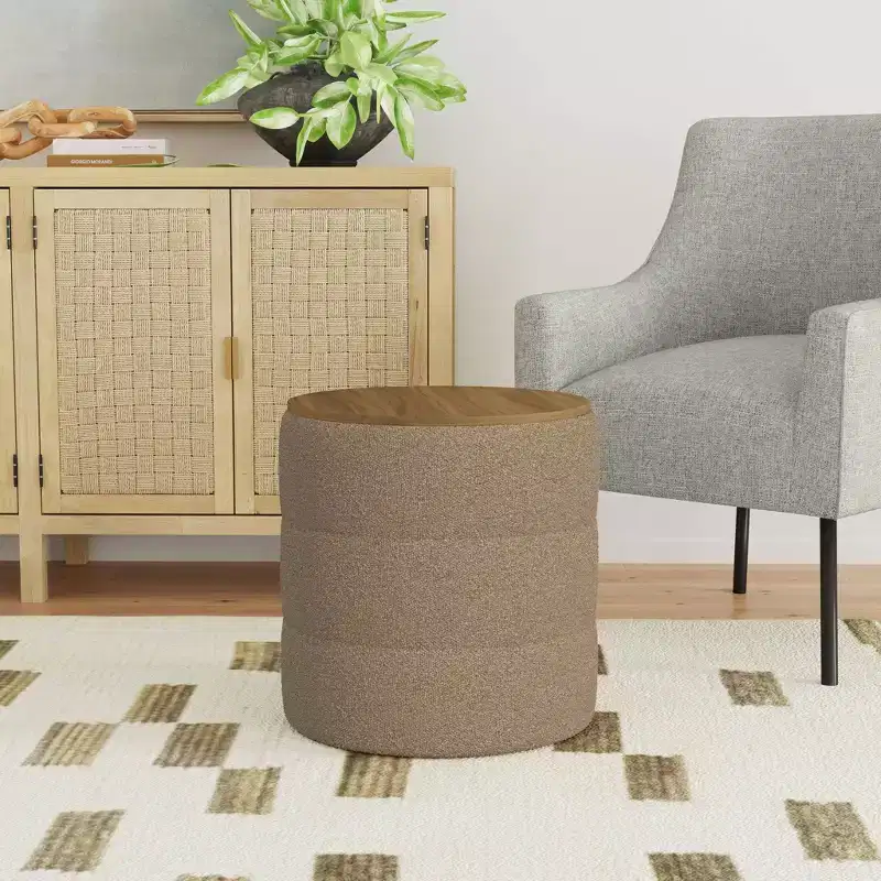 HomePop Channeled Boucle Storage Ottoman with Wood Top No Assembly Required
