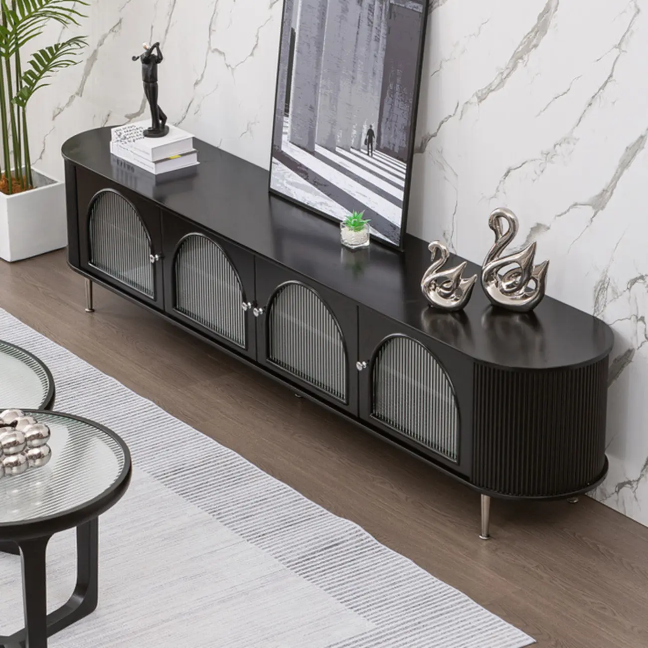 Long 2-Tier Wooden Black TV Stand with Glass Doors