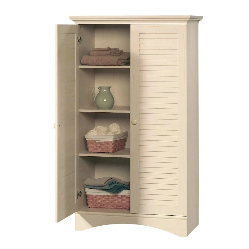 Antique White Wood Wardrobe Armoire with Louver Doors, 35.4W x 16.8D x 61H