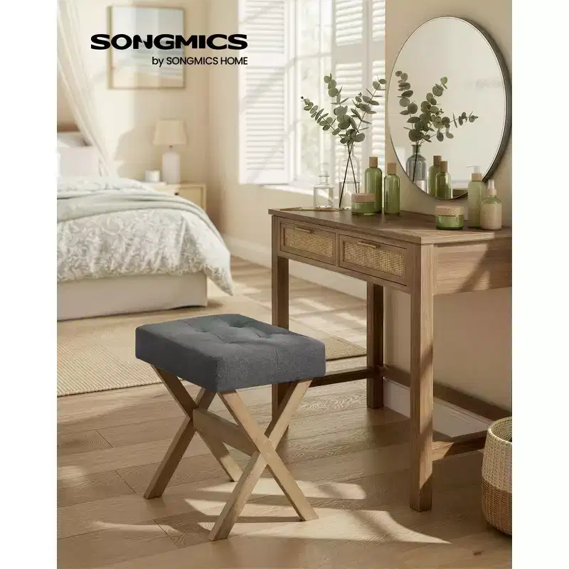 SONGMICS Foot Stool Ottoman, Padded Foot Rest Vanity Stool Under Desk with Solid Wood Frame