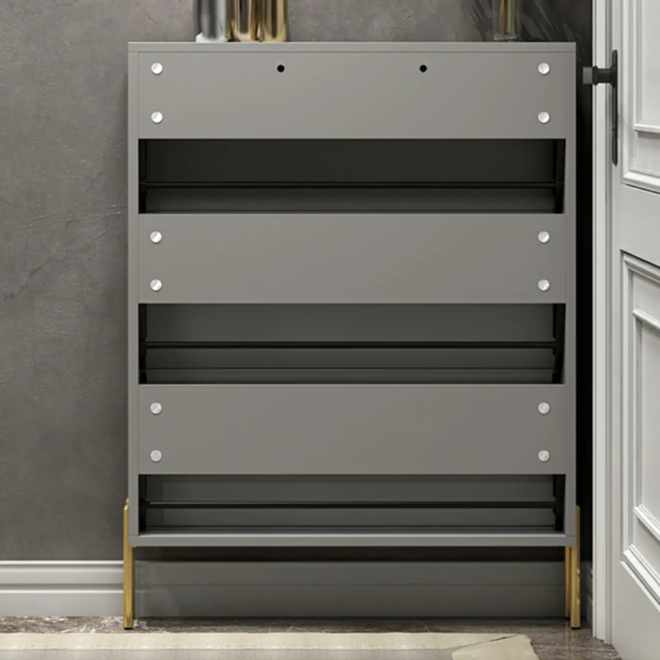 3-Tier Narrow Dark Gray Drop-Front Wood Shoe Cabinet